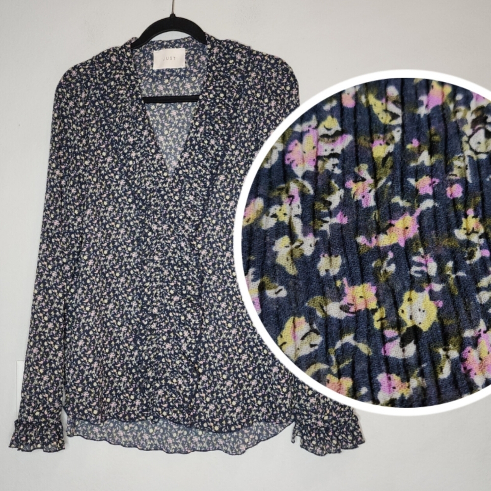 JUST Female Ditsy Floral Ruffle‎ Long Sleeve V-Neck Semi Sheer Blouse Size Large